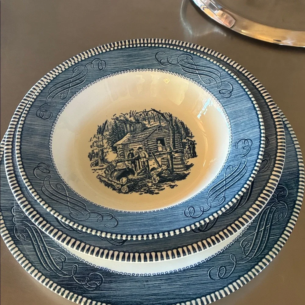 Vintage Currier Ives Blue Royal Round Platter 12” Chop Plate Winter GETTING ICE